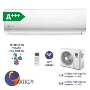 Aire Acondicionado 1x1 ARTROM AMCRD-24, 24000 BTU, 6000 Frigorías, A+++, Wifi, Bomba de Calor Inverter, Muy silencioso. 6000 fg. Tuberías 1/4" y 1/2"